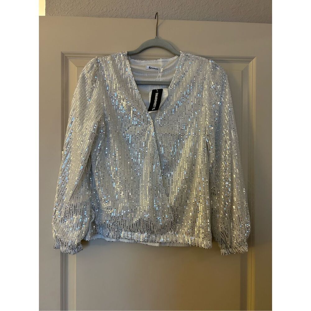 NEW Elegant Sequin Sheer Long Sleeve V Neck Slim Fit Top M